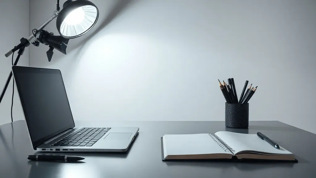 A minimalist, high-tech workspace with a sleek laptop, a not