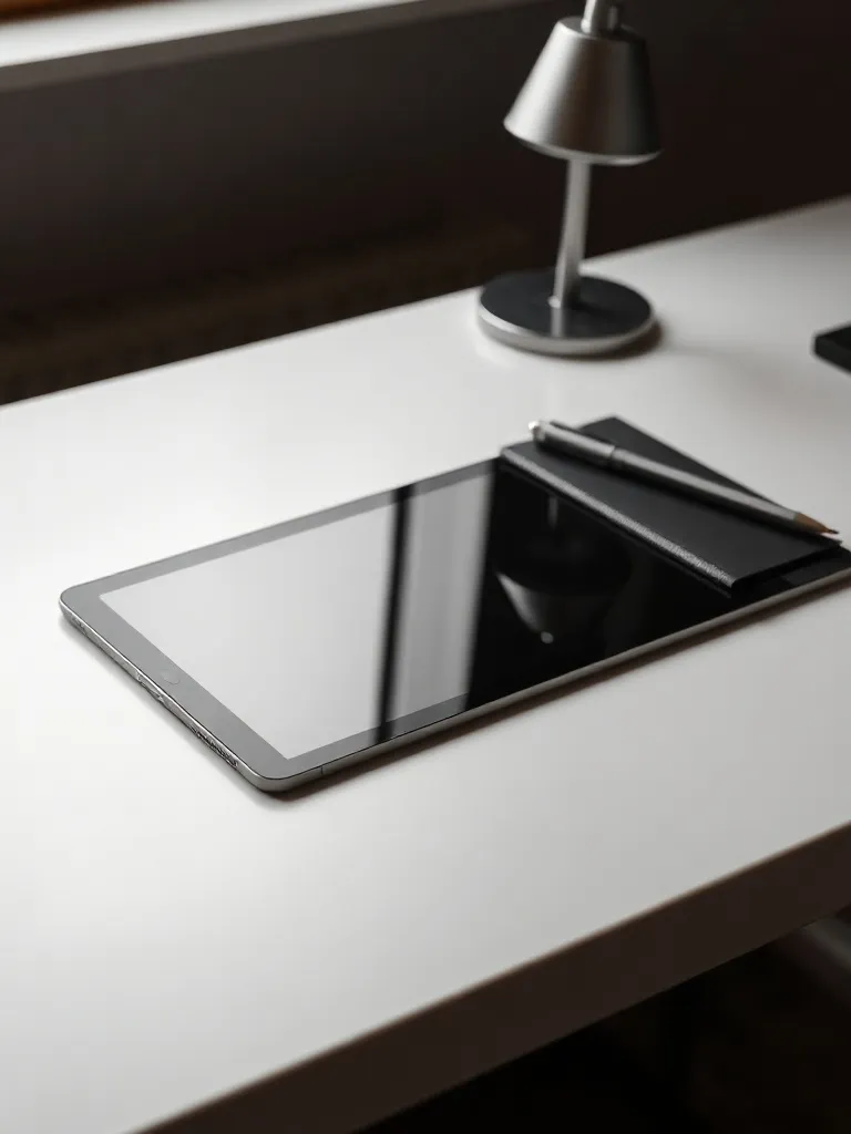 High-quality minimalist workspace with a sleek tablet and a